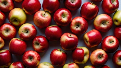 A close-up image of a pile of red apples, the apples are arranged in a random pattern, and the light shines through their skin