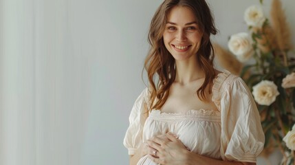 Fototapeta premium A gentle portrait of a joyful pregnant woman cradling her belly, with a radiant, sincere smile, looking directly at the camera. The bright clothing and romantic floral decor emphasize the concept of m