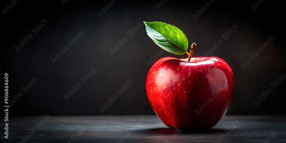 Poster a shiny red apple with a green leaf on a black background generative by ai