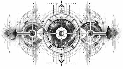 Tattoo art line, illustrated in Illustrator, perfect generation without design errors, pure white and clean background. A geometric and realistic style tattoo, featuring a combination of mythological.