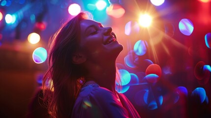 beautiful black woman with curly hair or afro dancing in a neon disco