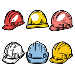 Collection colorful hard hats, safety helmets used construction, engineering. Handdrawn cartoon style helmets, red, yellow, blue, workwear head protection gear. Safety equipment laborers