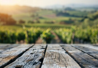 Fototapeta premium Sunlit Vineyard Landscape With Wooden Table in the Foreground
