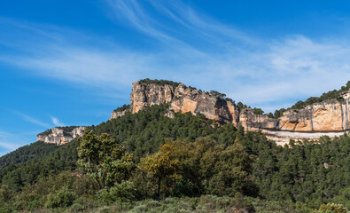Fototapeta premium a striking limestone cliff formation rising above a dense forest, under a sky brushed with wispy cirrus clouds, reflecting a serene natural landscape