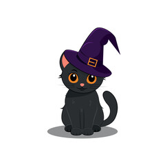 Black cat in witch hat. Cute kitten with big yellow eyes in wizard headwear. Vector illustration