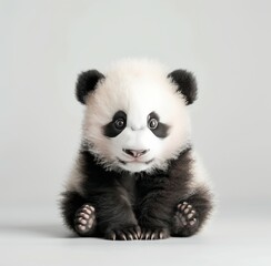 Fototapeta premium Adorable Baby Panda Sitting on Soft Fur Rug in Calm Indoor Setting