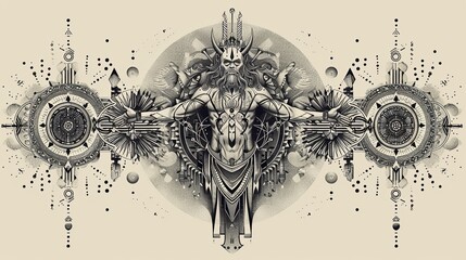 Tattoo art line, illustrated in Illustrator, perfect generation without design errors, pure white and clean background. A geometric and realistic style tattoo, featuring a combination of mythological.