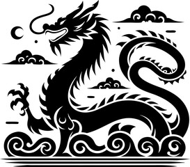 Fototapeta premium Solid Black Chinese Dragon Icon on White Background for Design and Artwork
