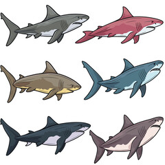Six cartoon sharks swim various directions colors gray red brown blue vector illustration. Marine life predators sea creatures sharp teeth underwater theme. Cartoon style aquatic fish set ocean
