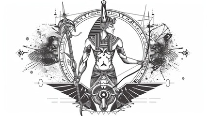 Tattoo art line, illustrated in Illustrator, perfect generation without design errors, pure white and clean background. A geometric and realistic style tattoo, featuring a combination of mythological.