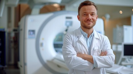 friendly cheerful Caucasian diagnostician doctor 30-40 years old in the office against the background of a magnetic resonance imaging device, a study of computed tomography and MRI