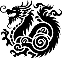 Solid Black Chinese Dragon Icon on White Background for Design and Artwork