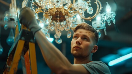 young Caucasian electrician in uniform repairs and installs a large beautiful chandelier standing on a stepladder