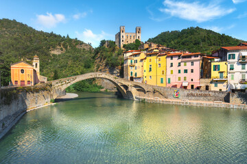 Old Bridge, church and castle in Dolceacqua. Province of Imperia, Liguria region, Italy