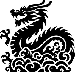 Solid Black Chinese Dragon Icon on White Background for Design and Artwork