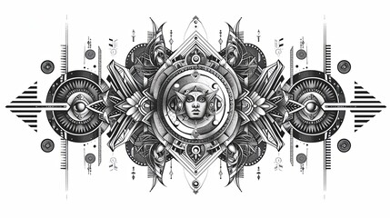 Obraz premium Tattoo art line, illustrated in Illustrator, perfect generation without design errors, pure white and clean background. A geometric and realistic style tattoo, featuring a combination of mythological.