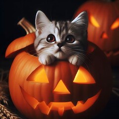 Cute Kitten Peeking From Jack-O-Lantern