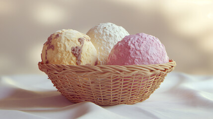 Three different colored ice cream scoops in a basket