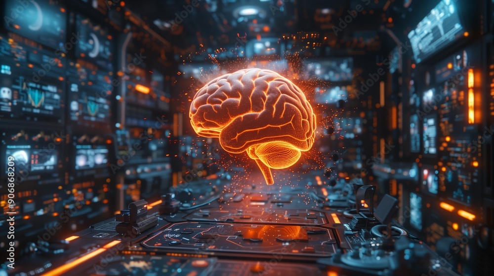 Poster a pulsating holographic brain floats, surrounded by glowing interfaces in a high-tech control room e