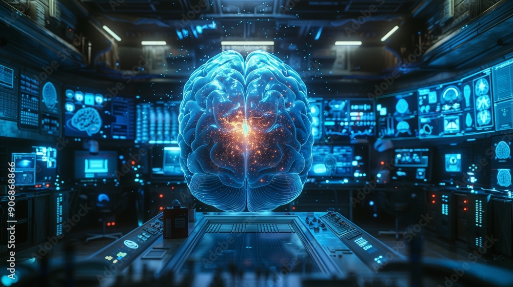 Poster a pulsating holographic brain generates energy in a high-tech control room filled with screens and m