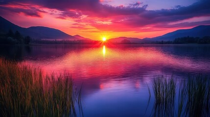 Obraz premium A picturesque sunset over a serene lake with vibrant colors and beautiful lighting