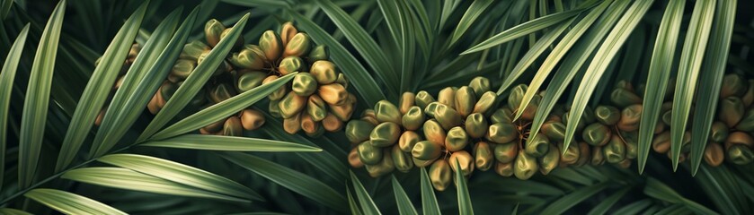 Obraz premium A close-up of a cluster of ripe dates on a palm branch. 