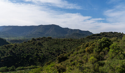 Fototapeta premium Gentle slopes blanketed with vibrant green shrubbery ascend to a majestic plateau, contrasting with the hazy blue sky in this tranquil landscape.