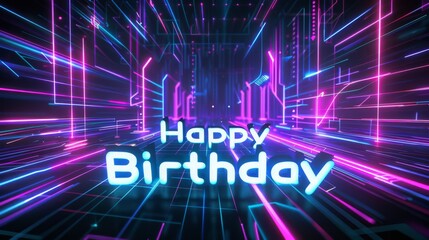 A vibrant display of colorful neon lights creates an energetic atmosphere wishing a happy birthday in a futuristic setting.