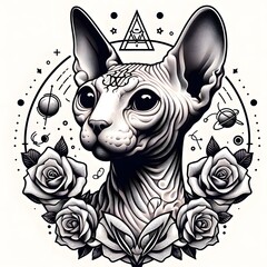 Sphynx Cat with Roses and Geometric Designs