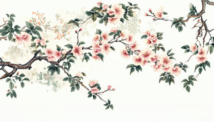 Beautiful illustration of delicate pink flowers sakura blossoming  tree branches,  vibrant petals and lush green leaves. Perfect for spring-themed designs, nature art, and floral compositions.
