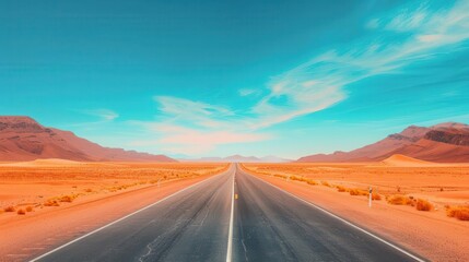 Highway across a vast desert landscape under a clear blue sky, Minimalist, Natural colors, Photography