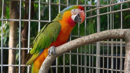 Obraz premium The beautiful Green parrot read a book in a cage
