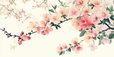 Beautiful illustration of delicate pink flowers sakura blossoming  tree branches,  vibrant petals and lush green leaves. Perfect for spring-themed designs, nature art, and floral compositions.