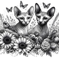 Sphynx Cats in a Floral Garden