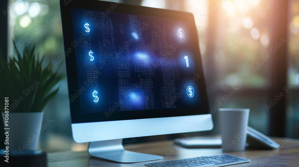 Poster a computer screen showing an online banking dashboard with dollar icons