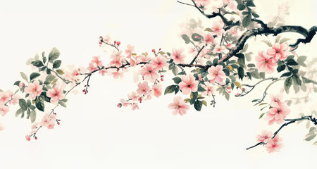 Beautiful illustration of delicate pink flowers sakura blossoming  tree branches,  vibrant petals and lush green leaves. Perfect for spring-themed designs, nature art, and floral compositions.
