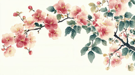 Naklejka premium Beautiful illustration of delicate pink flowers sakura blossoming tree branches, vibrant petals and lush green leaves. Perfect for spring-themed designs, nature art, and floral compositions.