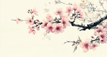 Beautiful illustration of delicate pink flowers sakura blossoming  tree branches,  vibrant petals and lush green leaves. Perfect for spring-themed designs, nature art, and floral compositions.