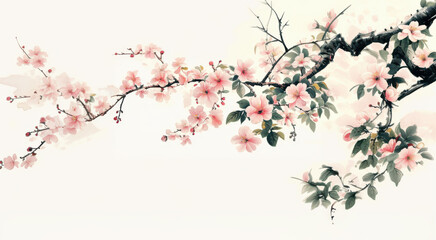 Beautiful illustration of delicate pink flowers sakura blossoming  tree branches,  vibrant petals and lush green leaves. Perfect for spring-themed designs, nature art, and floral compositions.