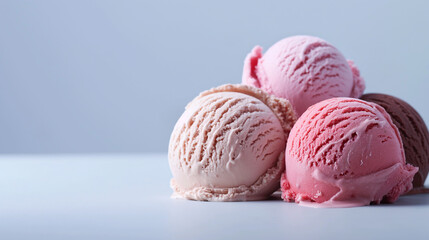 Four ice cream scoops of different flavors, including pink and chocolate