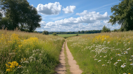 Obraz premium Countryside path bordered by green trees and wildflowers under a bright blue sky. 