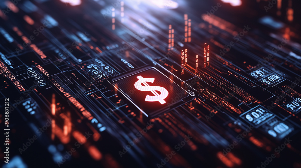 Poster a close-up of a digital transaction with dollar symbols and security features