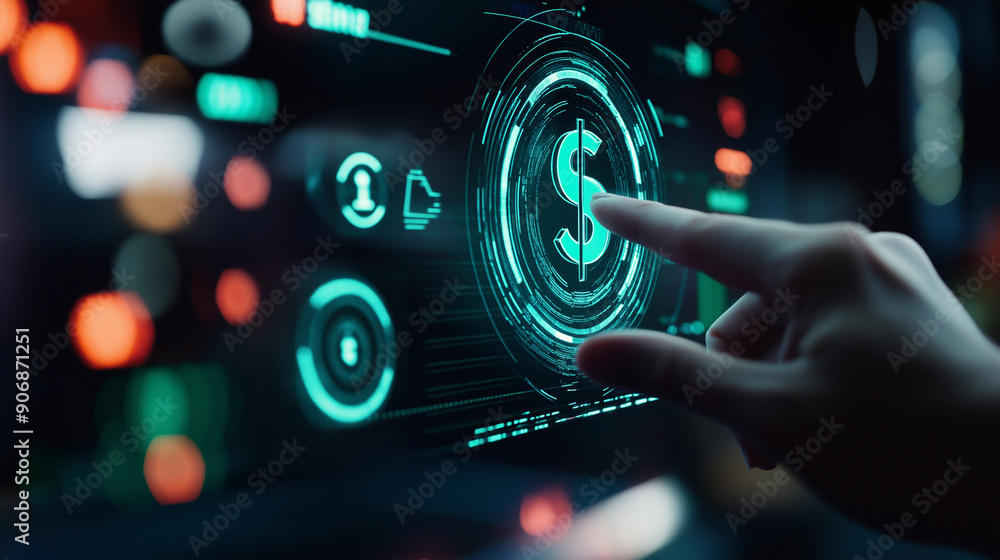 Poster a futuristic interface displaying a digital dollar transaction