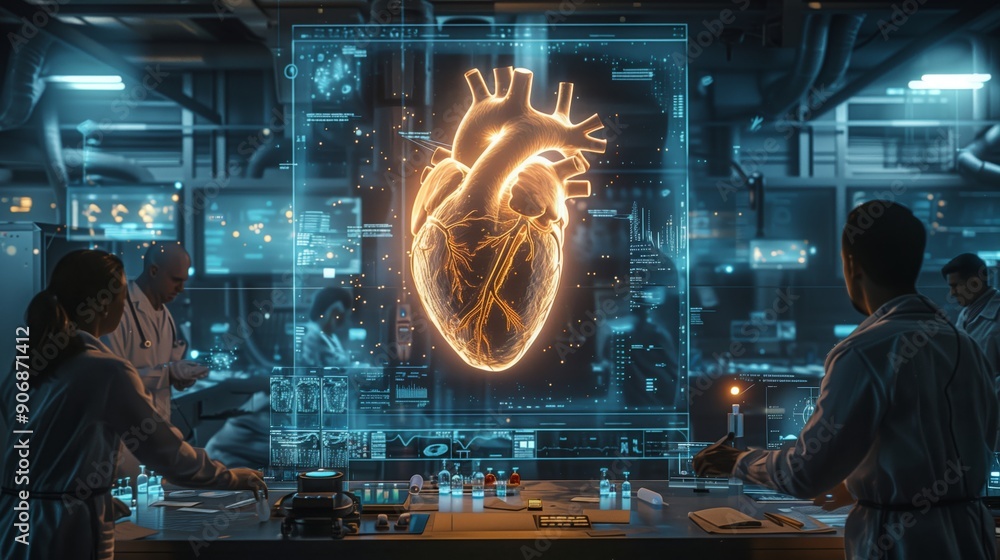 Poster scientists interact with a holographic heart model within a high-tech lab focused on medical researc