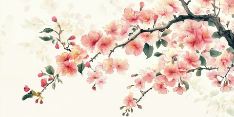Fototapeta premium Beautiful illustration of delicate pink flowers sakura blossoming tree branches, vibrant petals and lush green leaves. Perfect for spring-themed designs, nature art, and floral compositions.