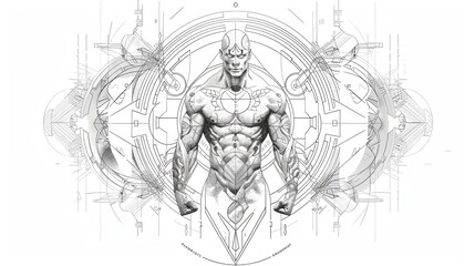 Obraz premium tattoo art line, illustrated in illustrator, perfect generation without design errors, pure white and clean background, A geometric and realistic style tattoo, featuring a combination of mythological.