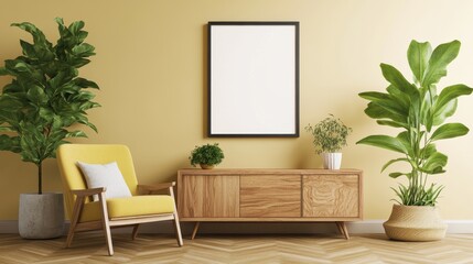 A high-resolution of a Mockup Frame in Beige Room, Natural Wooden Furniture, 3D Render