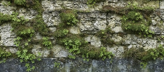 Close-up stone wall covered green moss appears to An aged moss-c