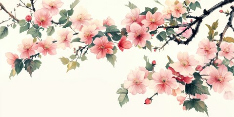 Beautiful illustration of delicate pink flowers sakura blossoming  tree branches,  vibrant petals and lush green leaves. Perfect for spring-themed designs, nature art, and floral compositions.