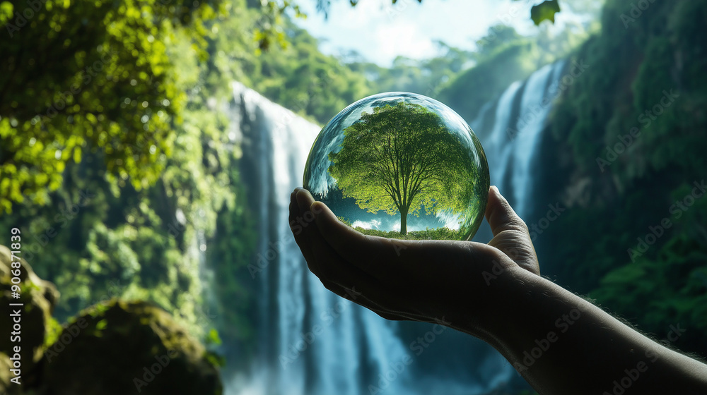 Poster hands enveloping a globe with a green tree, placed in front of a serene tropical waterfall